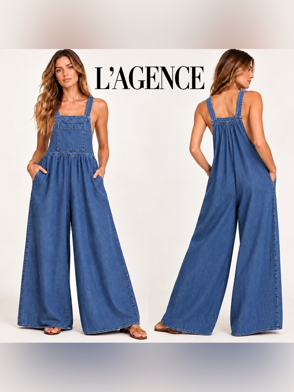 $375 Msrp L'AGENCE Small Yuma Denim Wide-Leg Jumpsuit Square Neck Pockets S